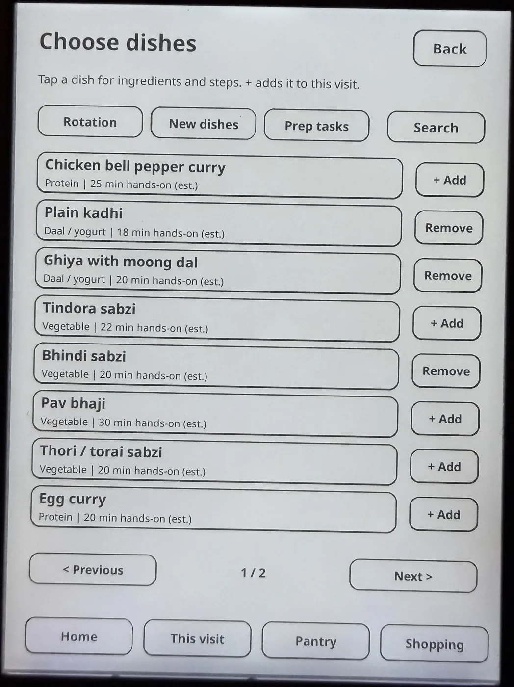 Choose dishes screen listing family dishes like plain kadhi and bhindi sabzi with Add and Remove buttons