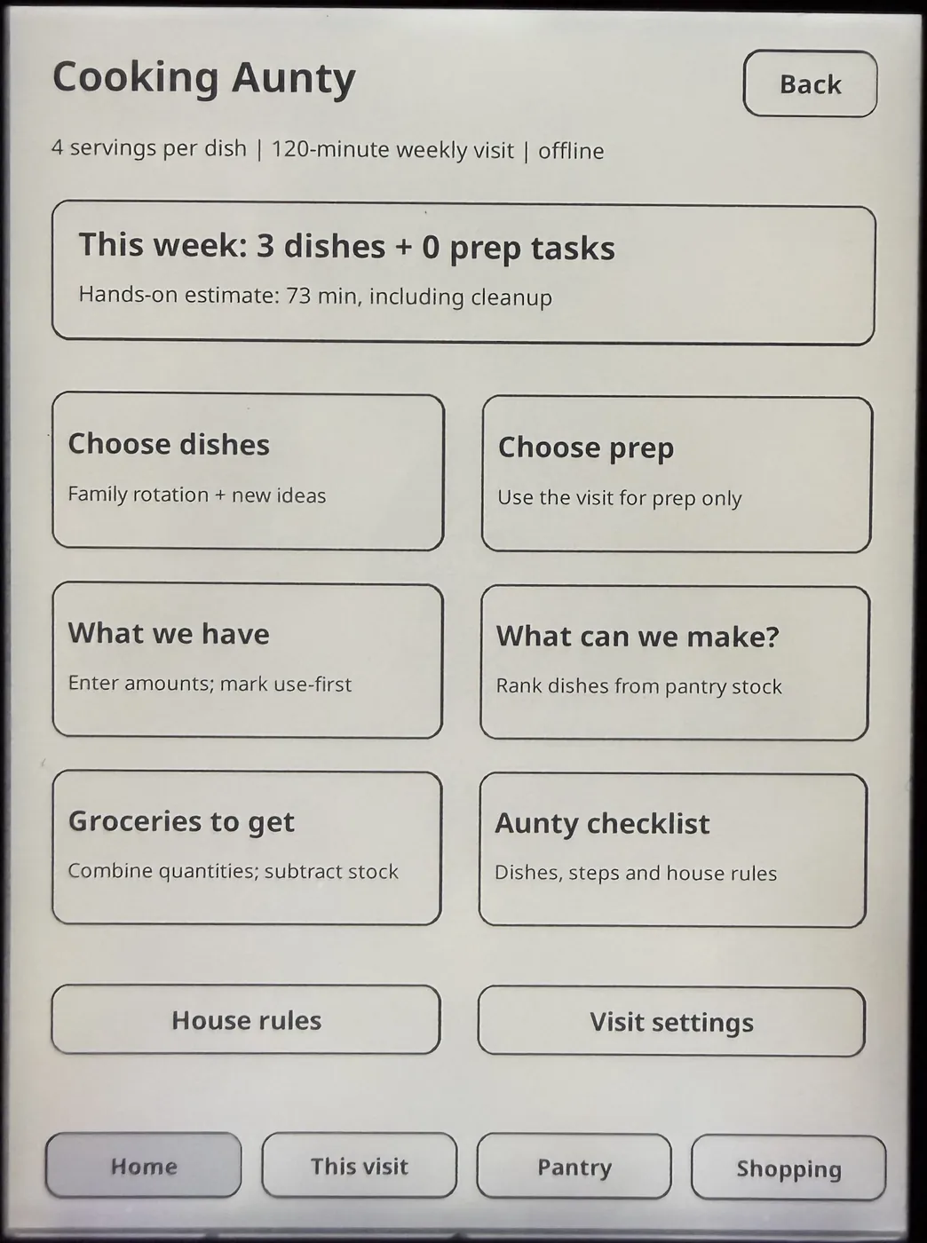 Cooking Aunty home screen on the Kindle showing this week's 3 dishes and a 73 minute hands-on estimate