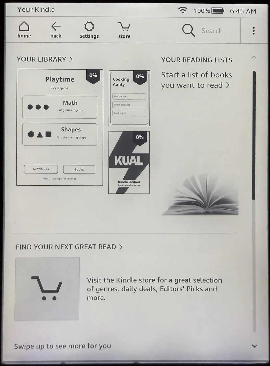 Kindle home screen with a Playtime tile in the library