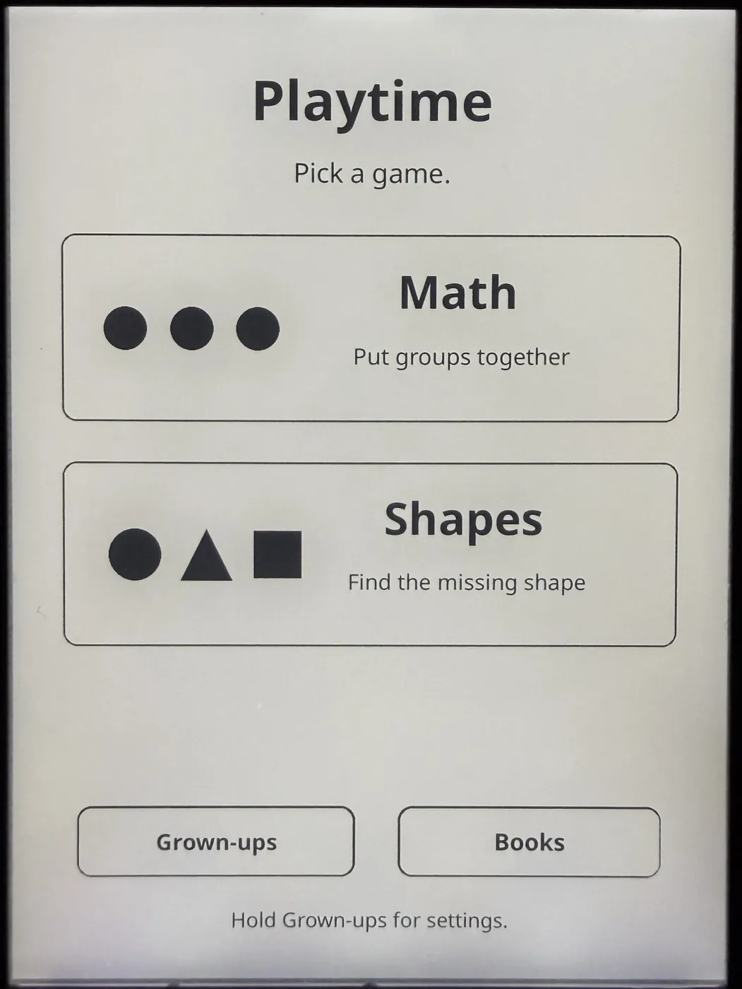 Playtime menu with two big buttons, Math and Shapes