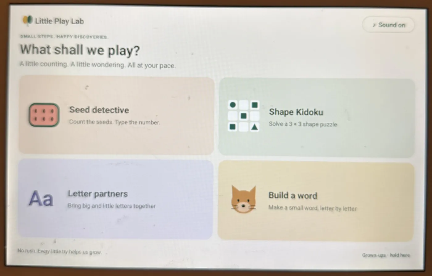Little Play Lab home screen on the Samsung with four games: Seed detective, Shape Kidoku, Letter partners and Build a word