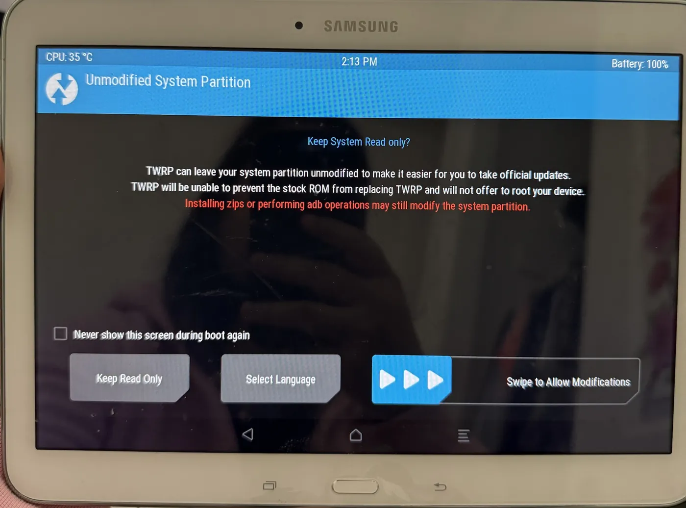 Samsung tablet showing the TWRP recovery screen with a Swipe to Allow Modifications slider